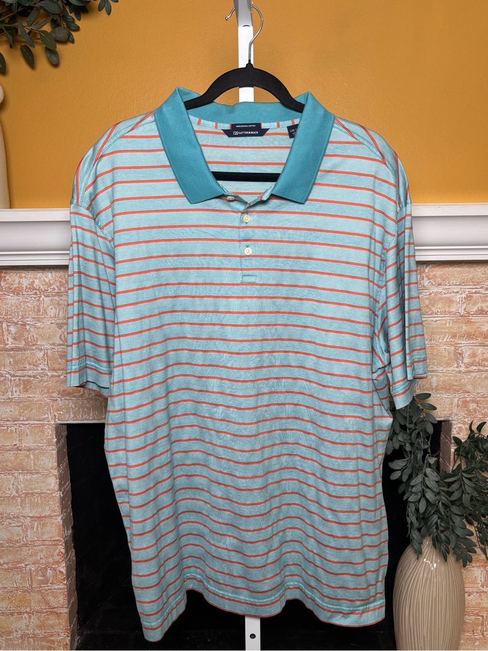 Cutter & Buck Mercerized Cotton Striped Polo 2XL Aqua Coral Golf Shirt #652 - Picture 2 of 8